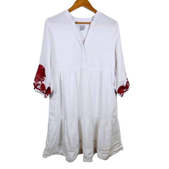 Chico's Dresses & Skirts - Chico's 1 Sz 8/10 White 100% Linen Tiered Embroidered Bohemian Dress Boho Beach